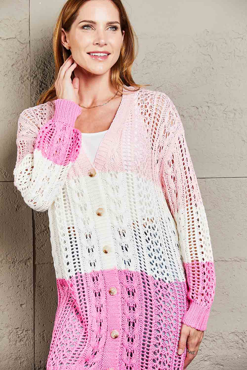 Double Take Openwork Ribbed Cuff Longline Cardigan