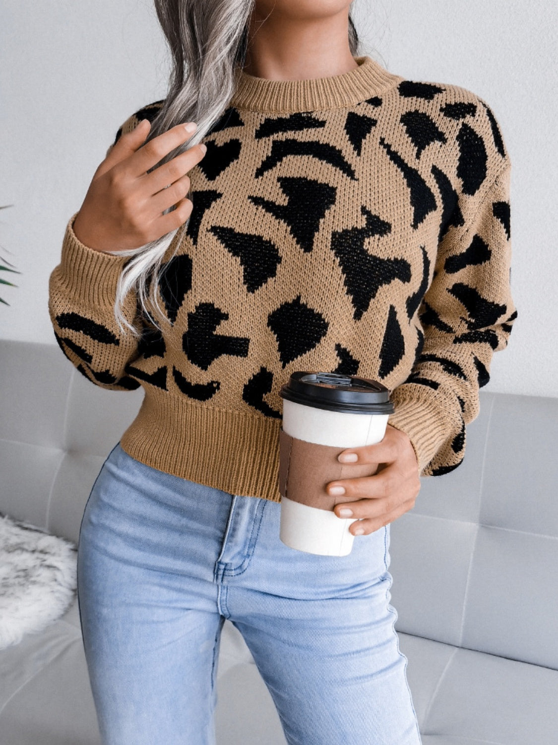 Leopard Round Neck Dropped Shoulder Sweater