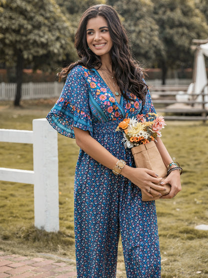 Floral Surplice Flutter Sleeve Jumpsuit