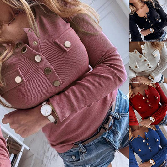 Women Long Sleeve Solid Button Knitted Tops