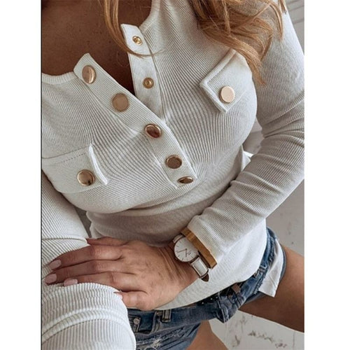 Tops de punto con botones lisos de manga larga para mujer