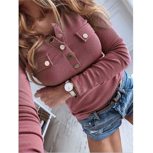 Women Long Sleeve Solid Button Knitted Tops
