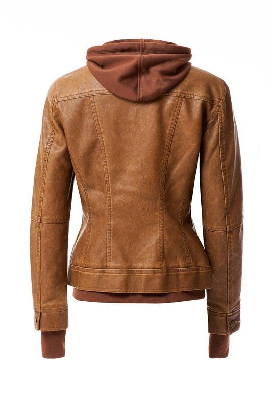 Women's Hood PU Leather Jacket