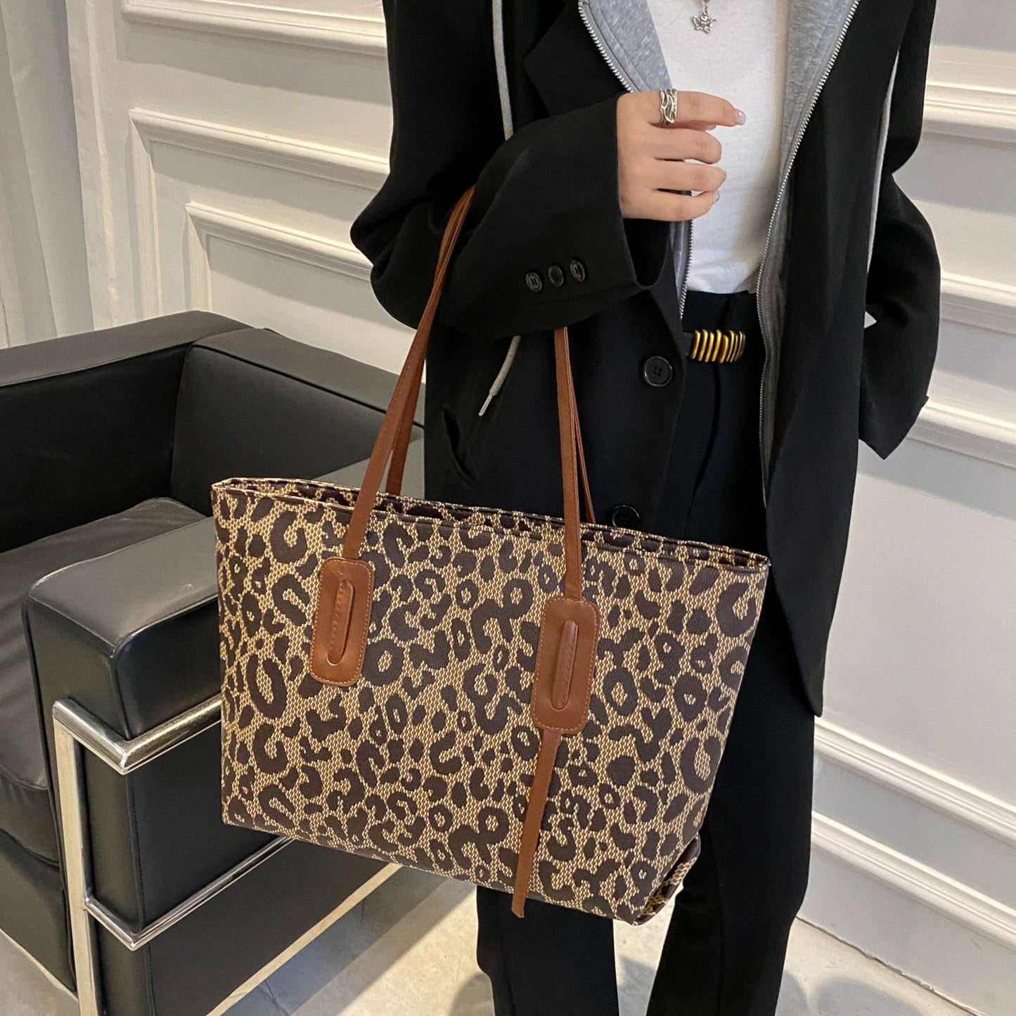 Bolso tote de leopardo de cuero PU