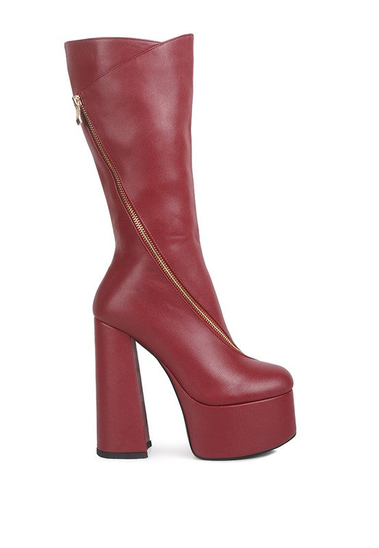 Tzar Faux Leather High Heeled Platfrom Calf Boots