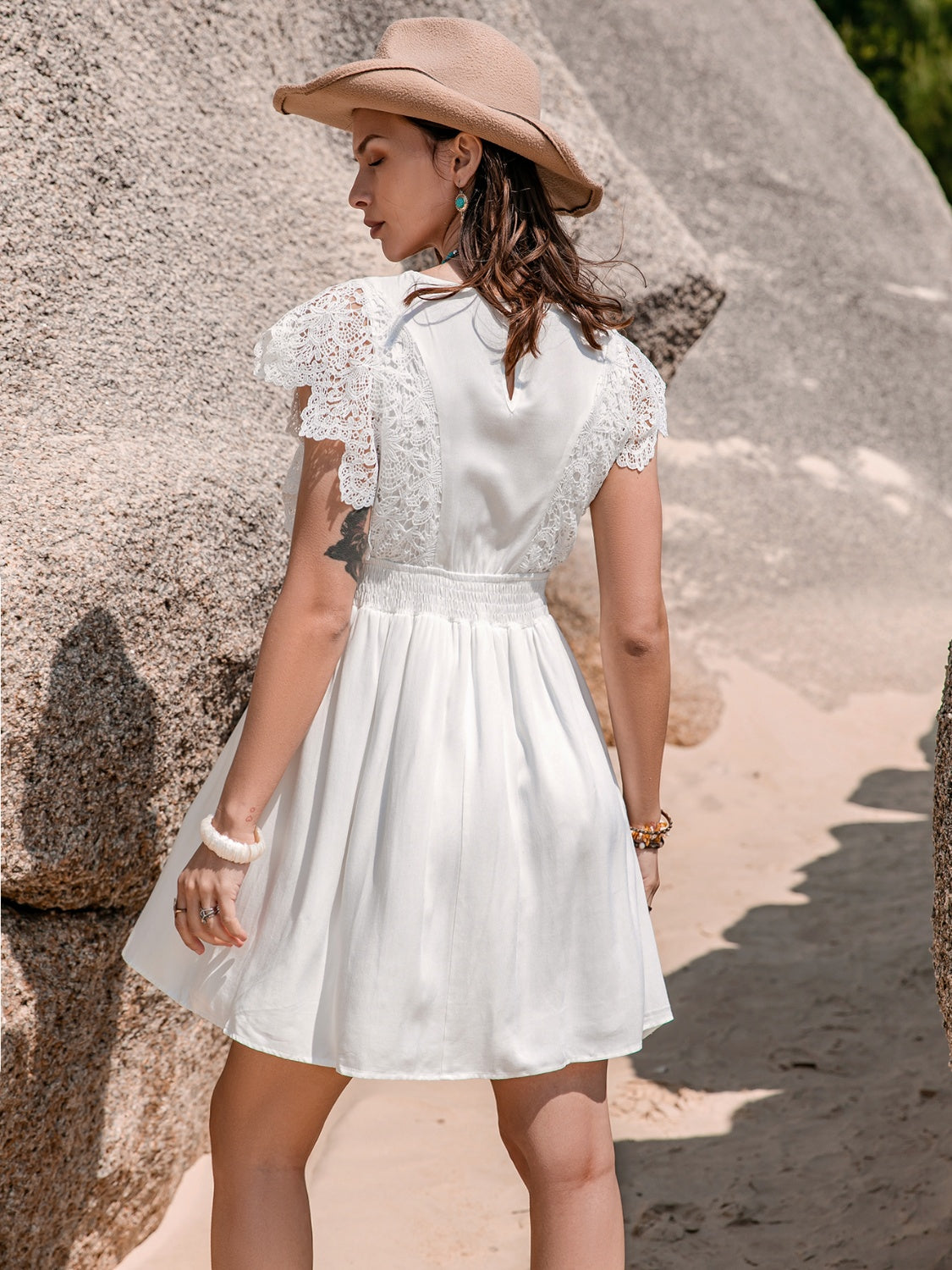 Lace Detail Plunge Cap Sleeve Mini Dress