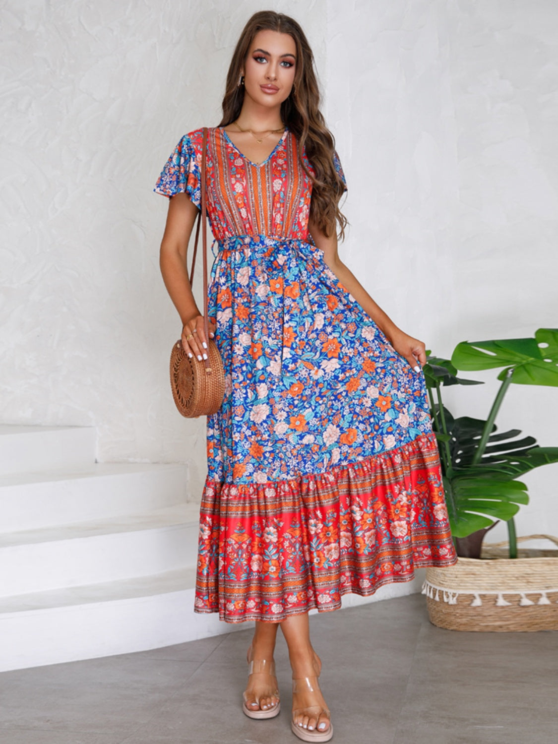 Tied Printed V-Neck Short Sleeve Dress