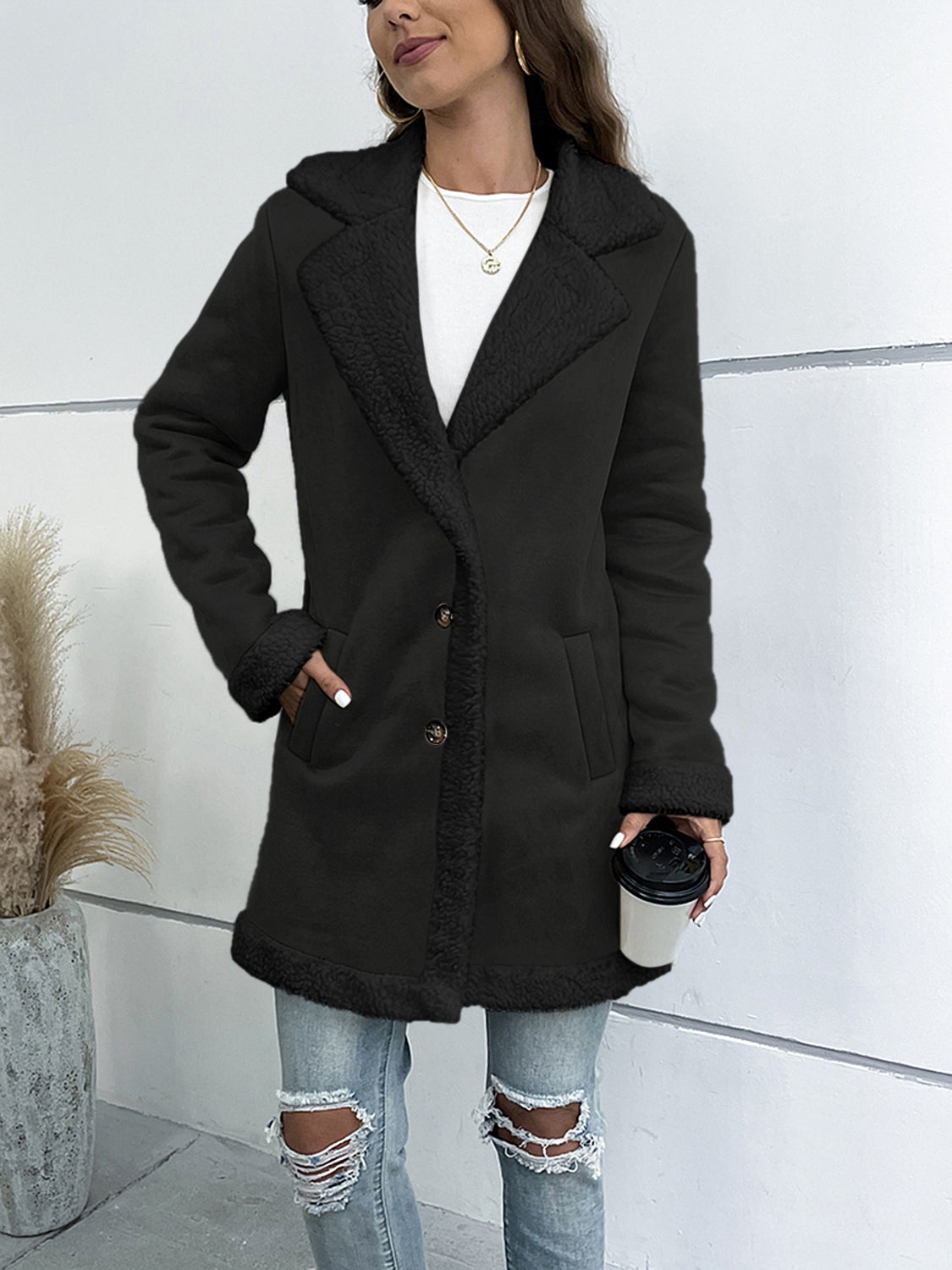 Contrast Button Up Lapel Collar Long Sleeve Coat