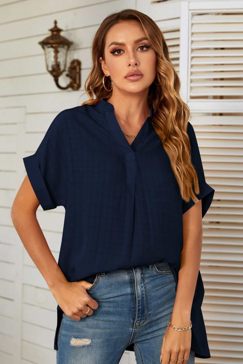 Mandy Notched Neck Slit Cuffed Blouse