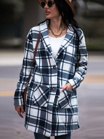 Plaid Shawl Collar Coat with Pockets