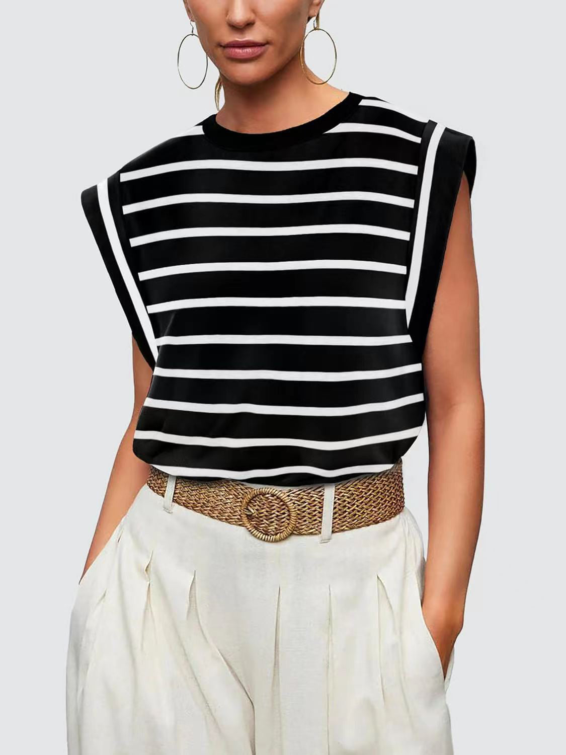 Striped Round Neck Cap Sleeve T-Shirt