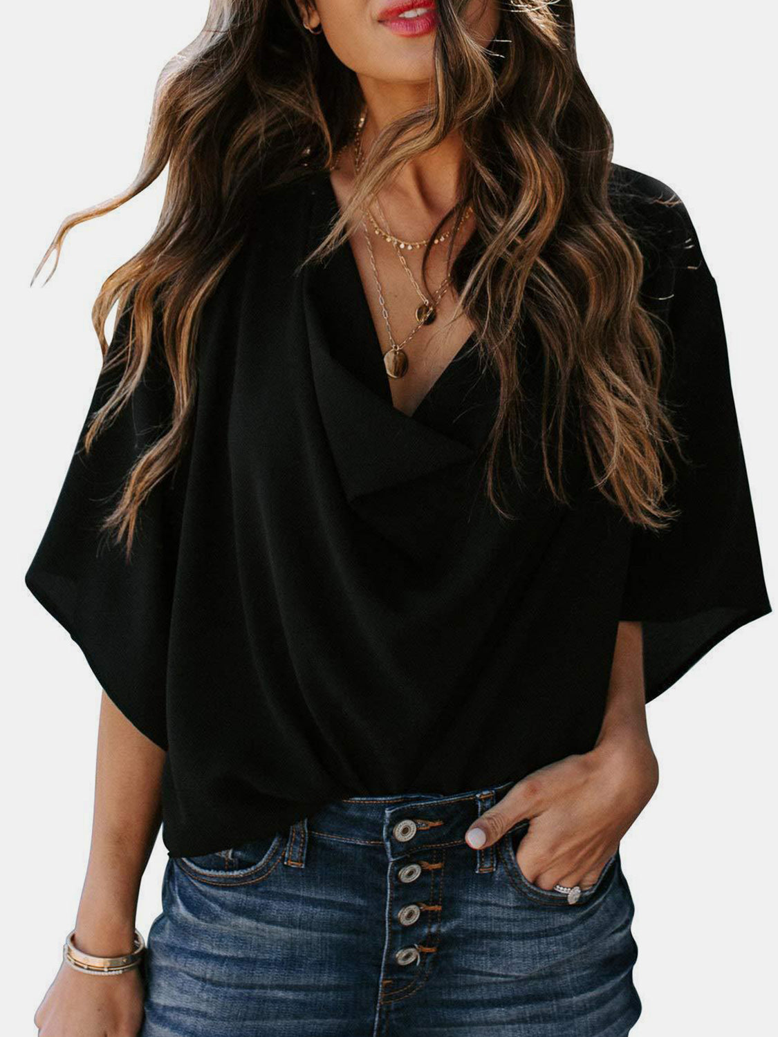 Blusa de manga tres cuartos con cuello vuelto y talla completa