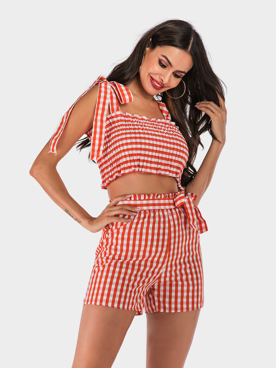 Perfee Tied Smocked Plaid Top and Shorts Set