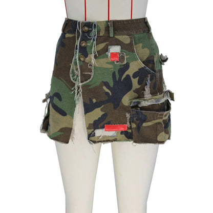 Patched Open Fire Distressed Camo Mini Skirt