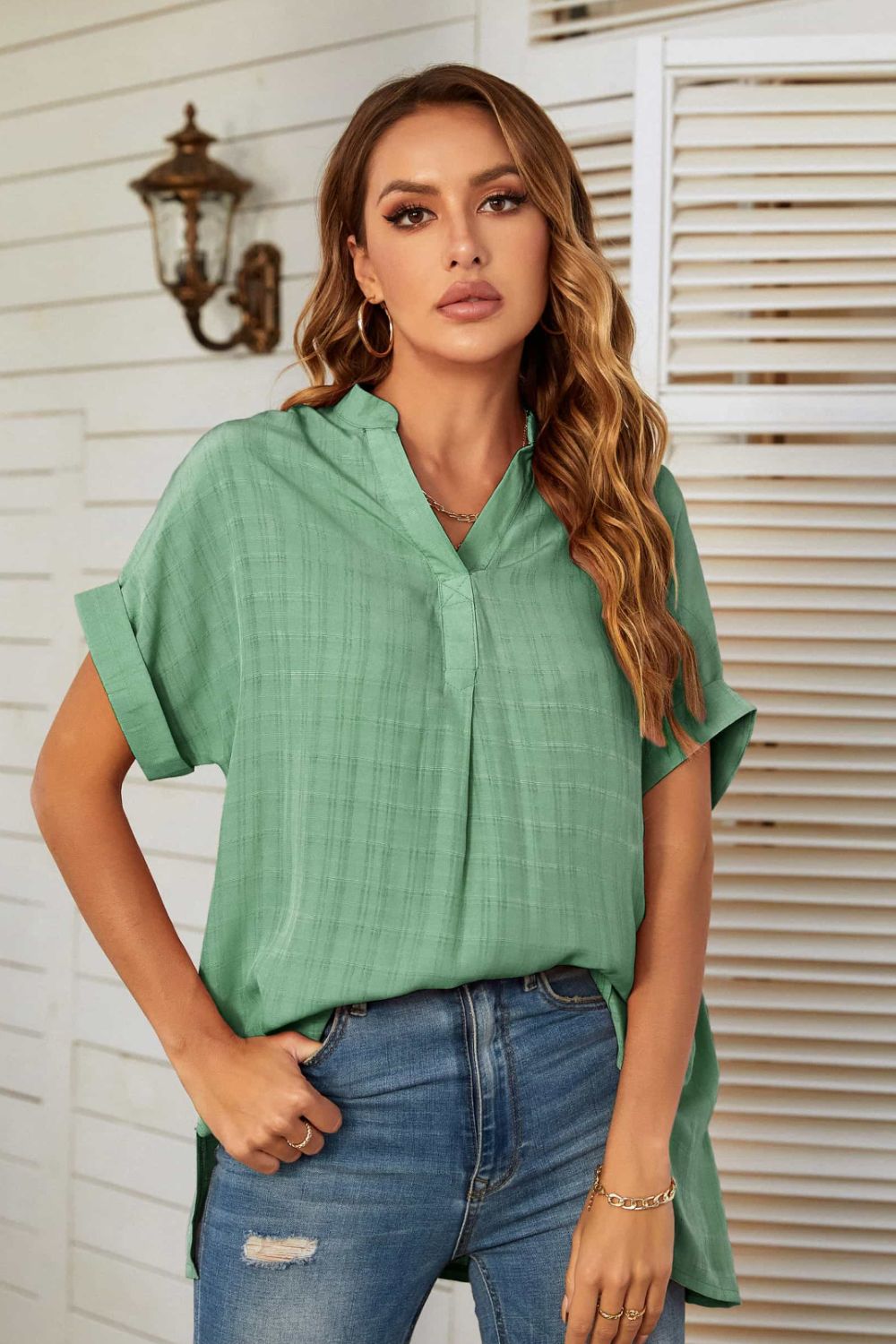 Mandy Notched Neck Slit Cuffed Blouse