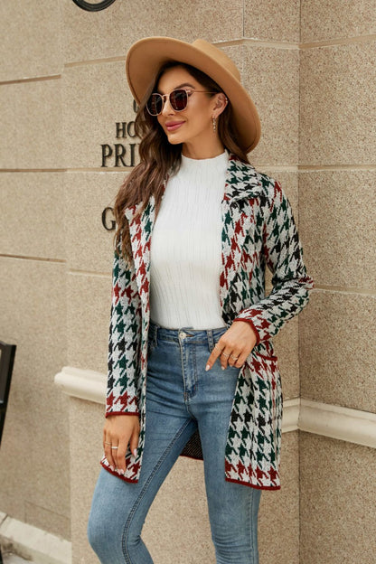 Printed Open Front Lapel Collar Cardigan with Pockets