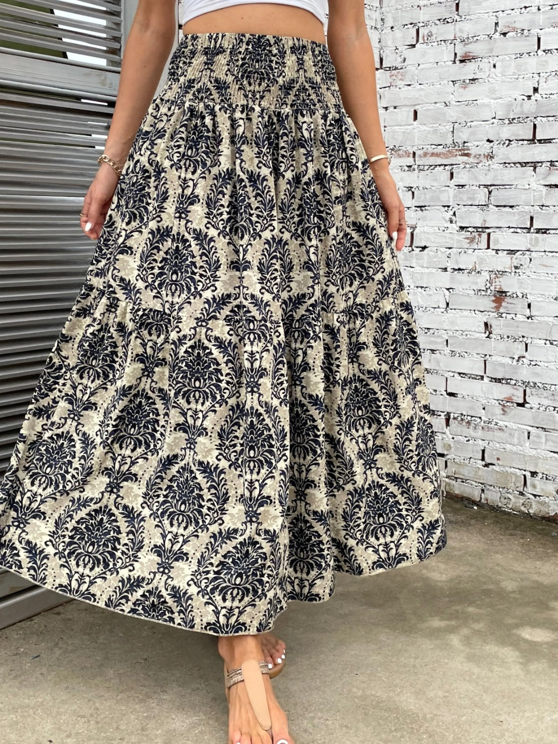 Printed Elastic Waist Maxi Skirt