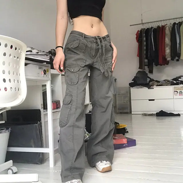 Button Low Waist Cargo and Denim Pants