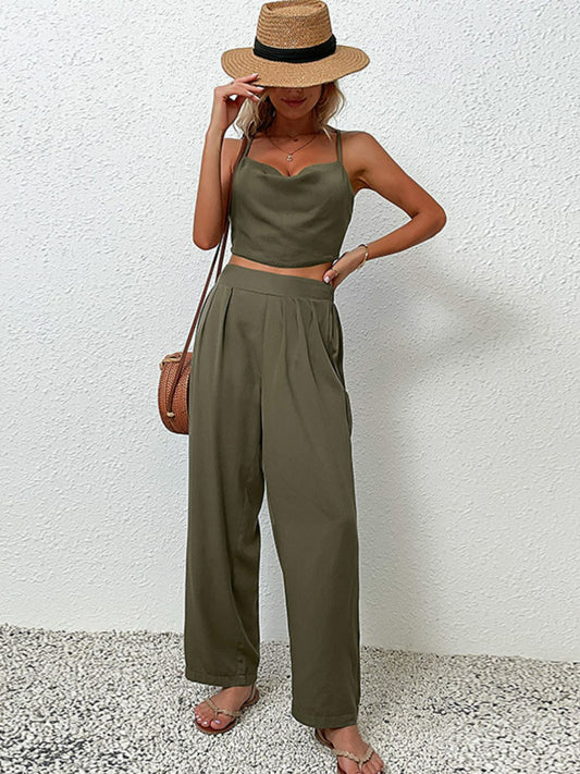 Conjunto de pantalón y top corto con espalda cruzada