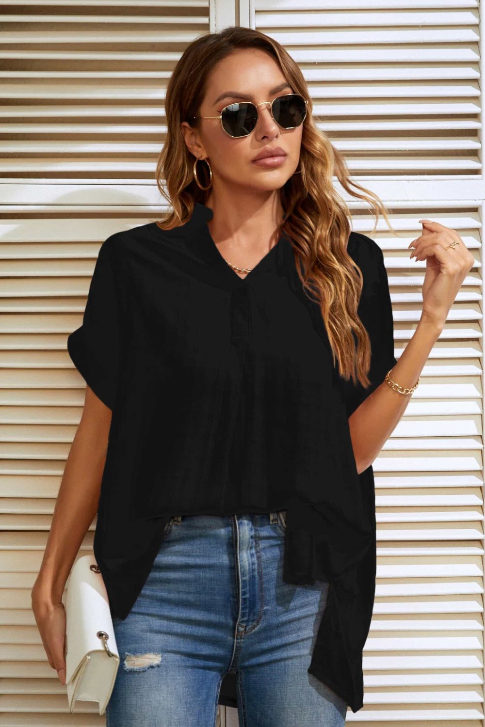 Mandy Notched Neck Slit Cuffed Blouse