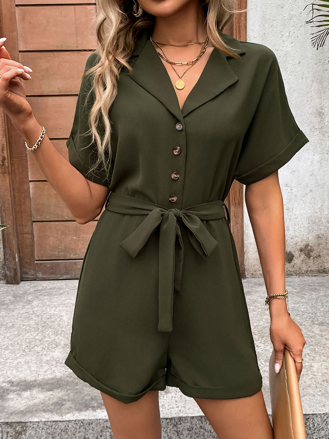 Perfee Half Button Tie Waist Short Sleeve Romper