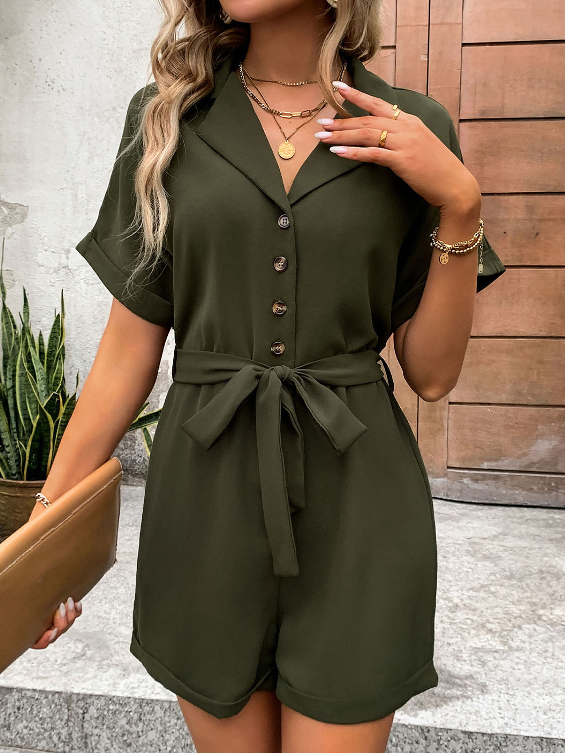 Perfee Half Button Tie Waist Short Sleeve Romper