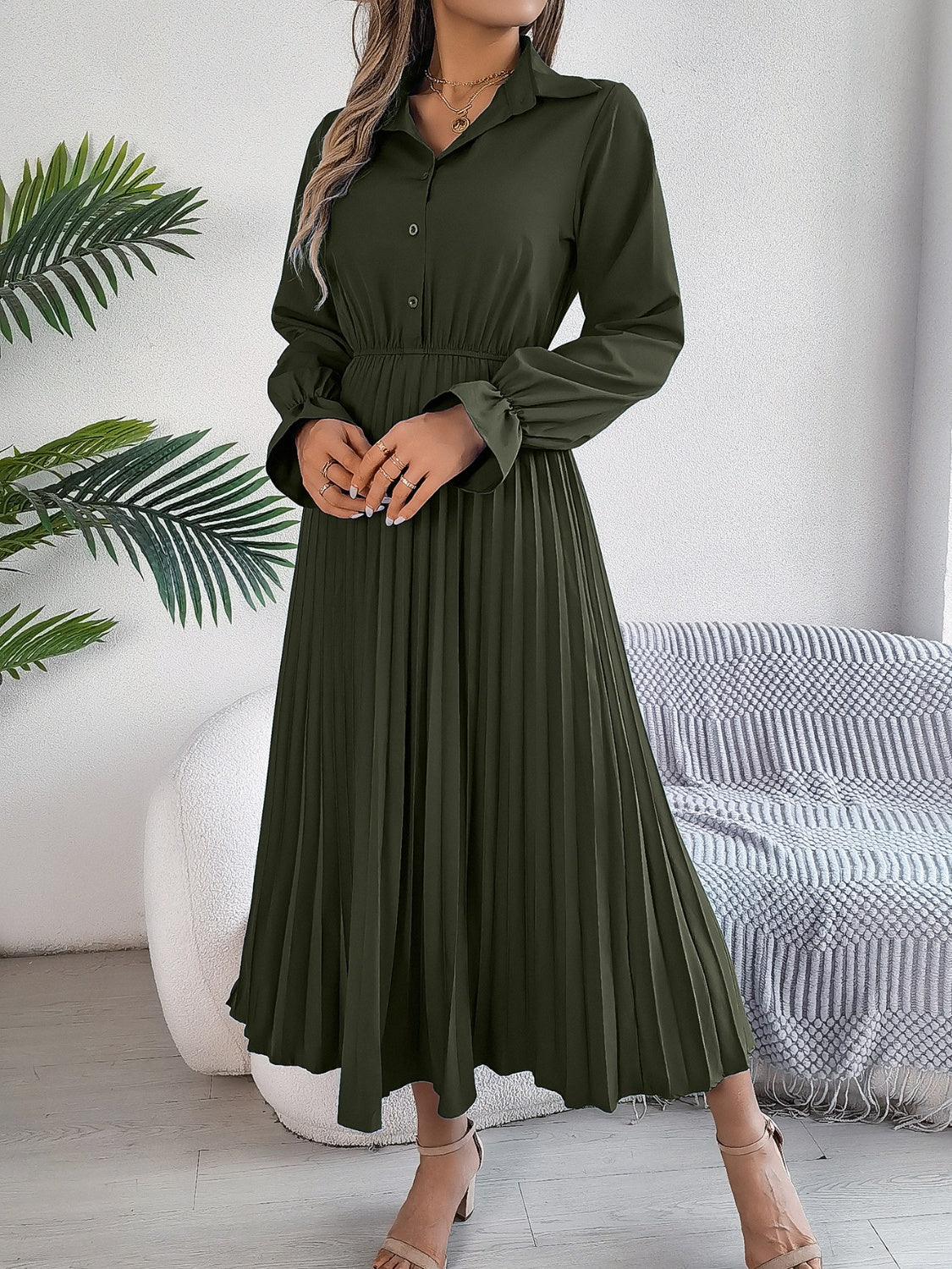 Pleated Half Button Long Sleeve Midi Dress