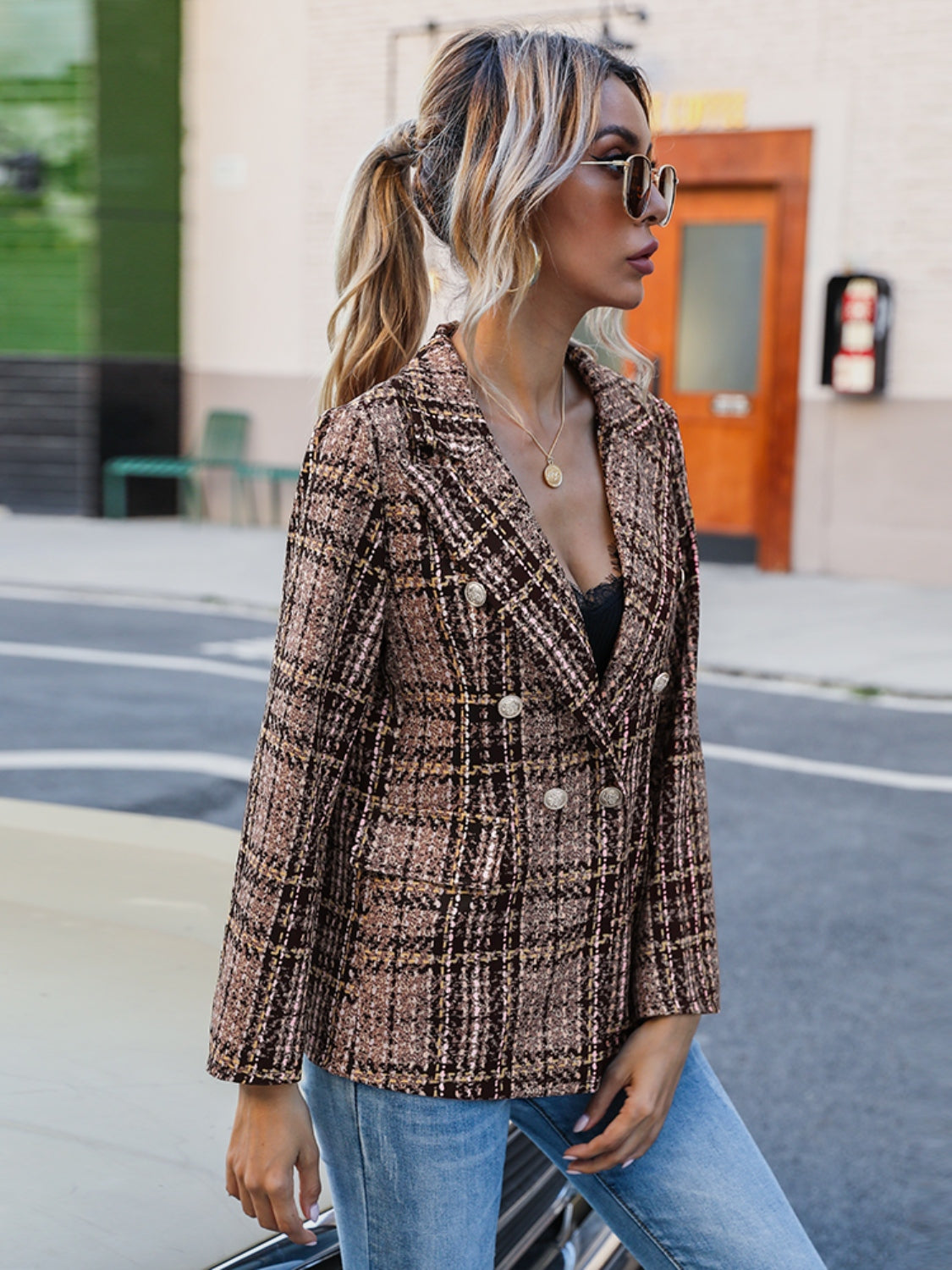 Blazer con cuello de solapa a cuadros de tamaño completo