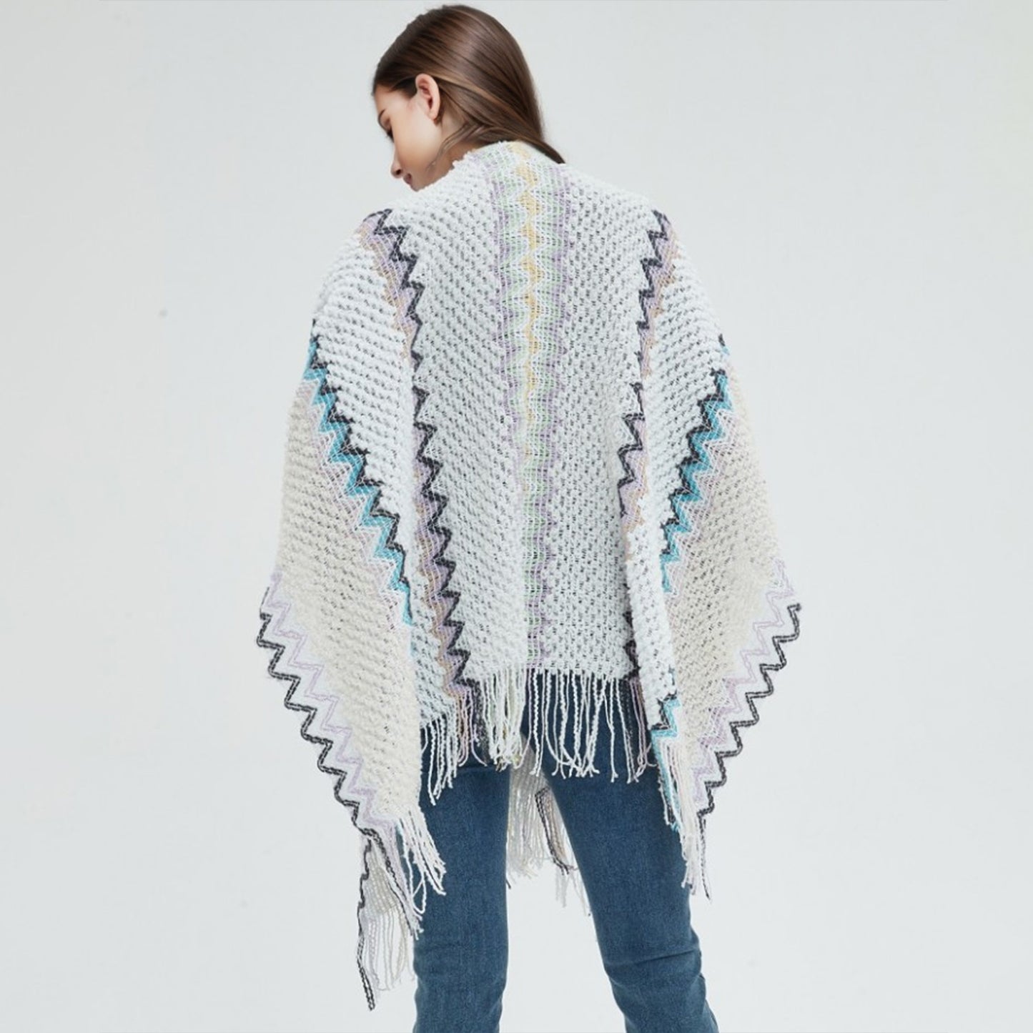 Wavy Striped Fringe Detail Shawl