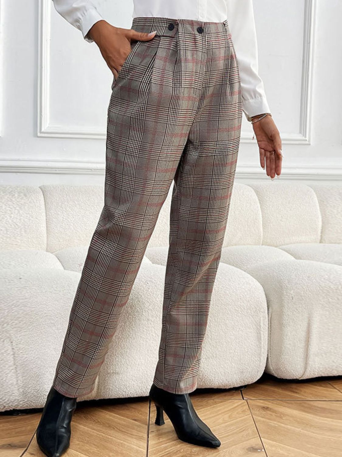 Perfee Plaid Straight Pants with Pockets