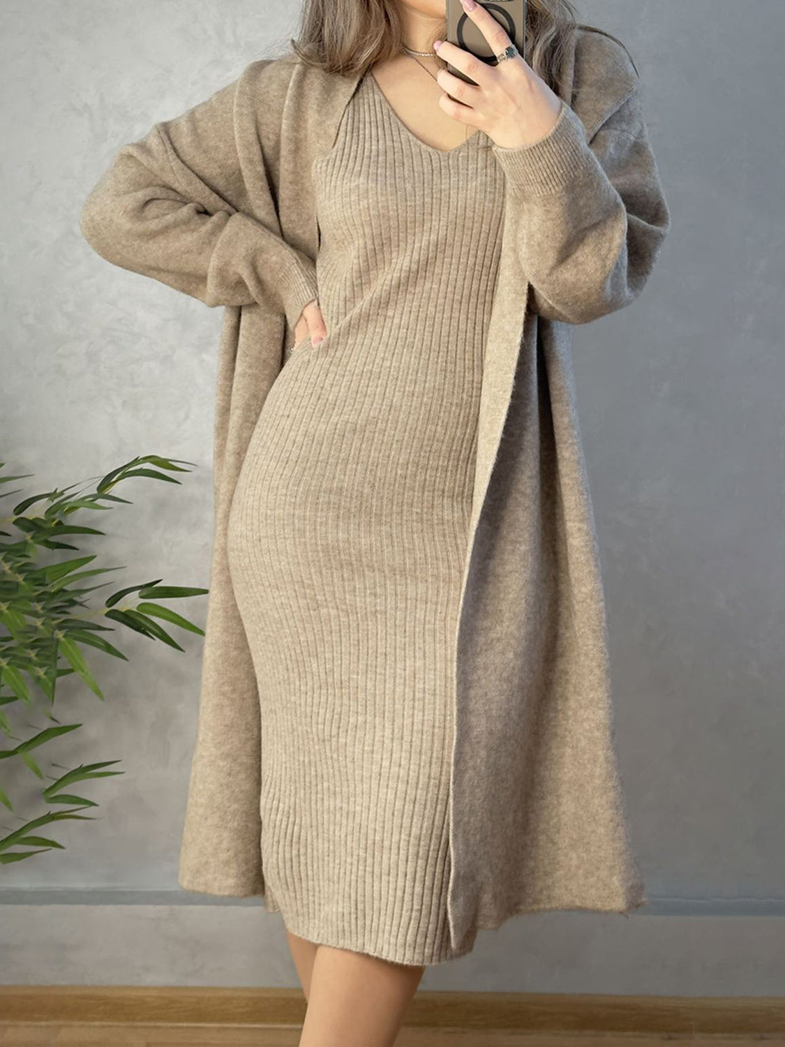 V-Neck Cami Dress and Open Front Cardigan Sweater Set