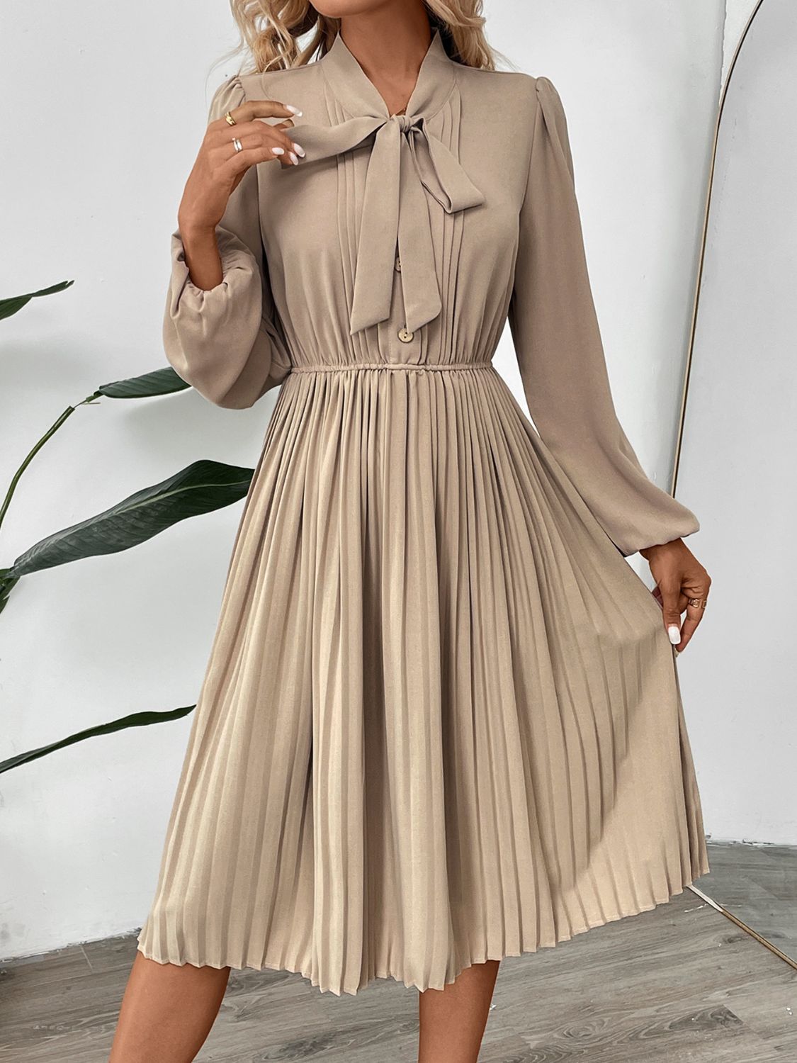 Perfee Pleated Tie Neck Long Sleeve Dress