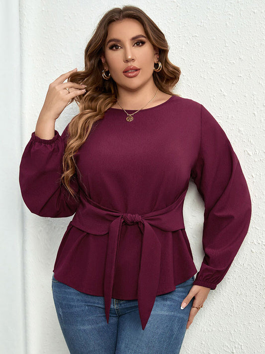 Blusa de manga larga con cuello redondo y cintura anudada de talla grande