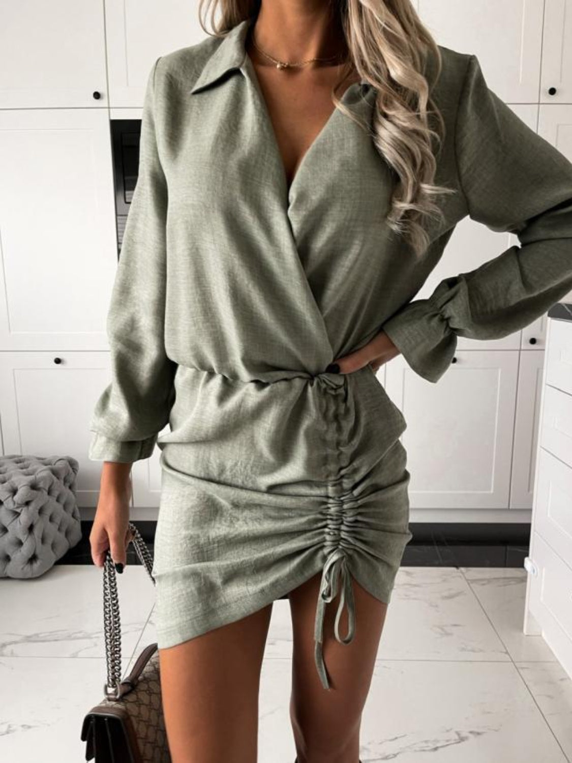 Drawstring Long Sleeve Mini Dress