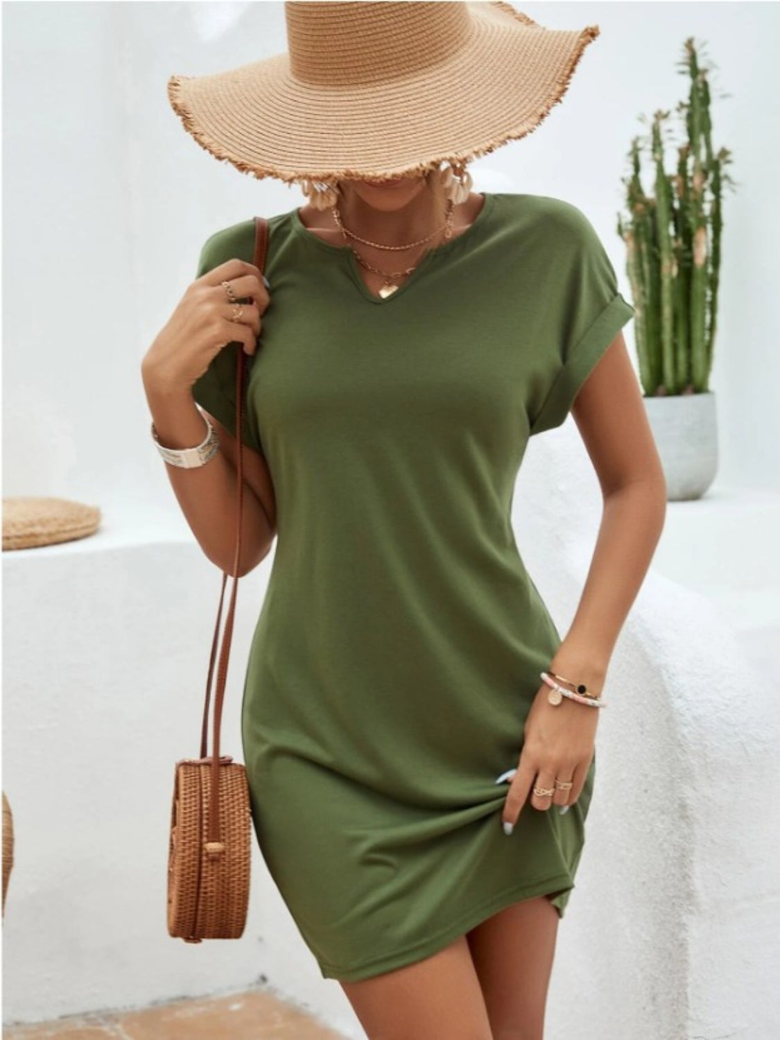 Notched Short Sleeve Mini Tee Dress