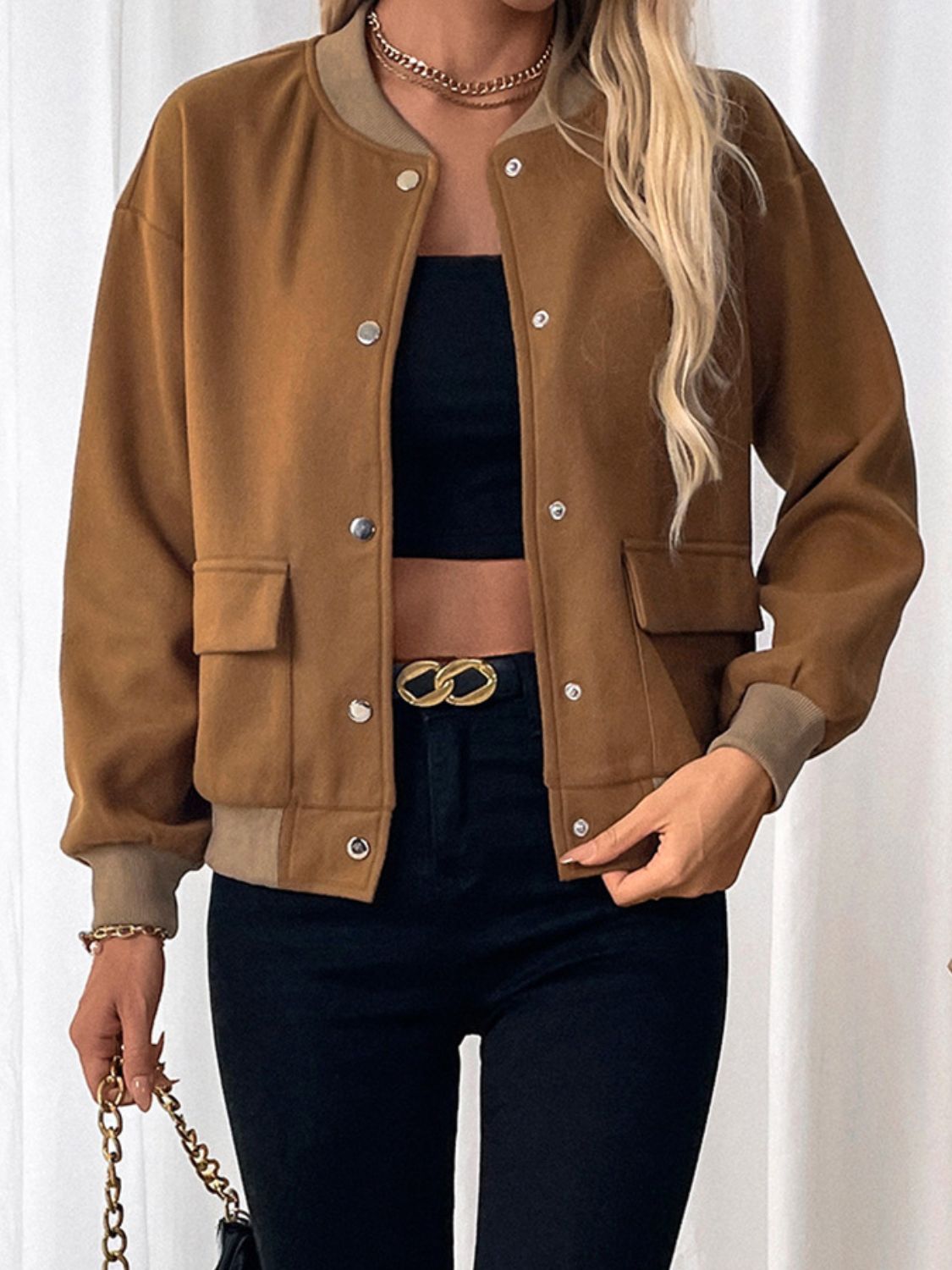 Perfee Baseball Collar Snap Down Long Sleeve Jacket