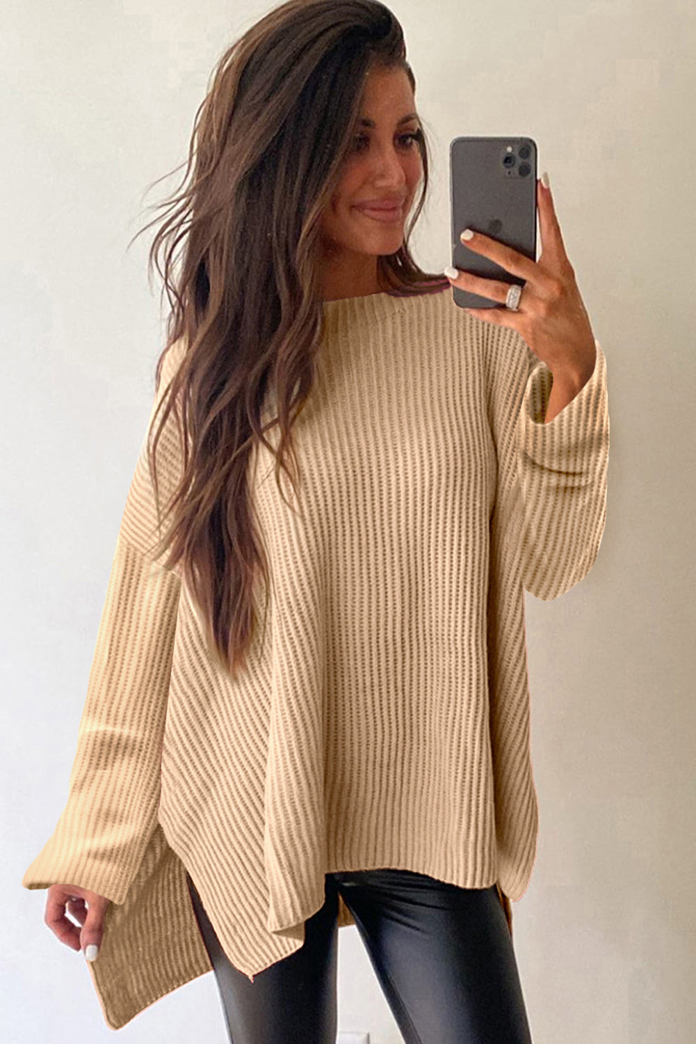 Side Slit Round Neck Long Sleeve Sweater