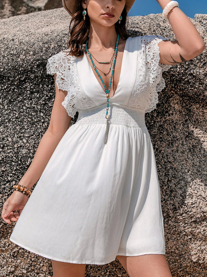 Lace Detail Plunge Cap Sleeve Mini Dress