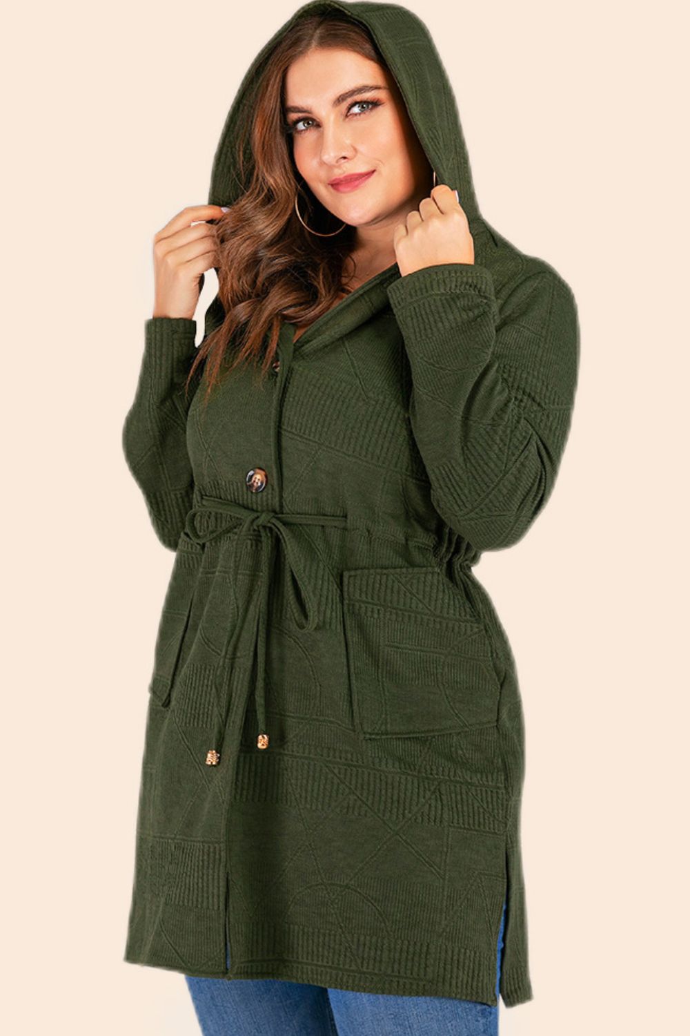 Plus Size Drawstring Waist Hooded Cardigan with Pockets