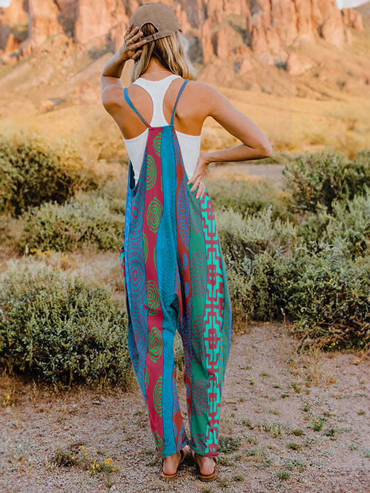 Full Size Printed V-Neck Sleeveless Jumpsuit