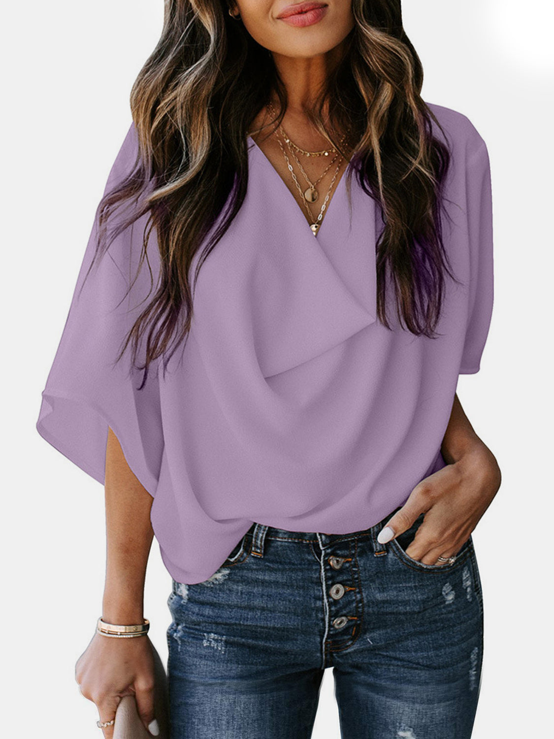 Blusa de manga tres cuartos con cuello vuelto y talla completa