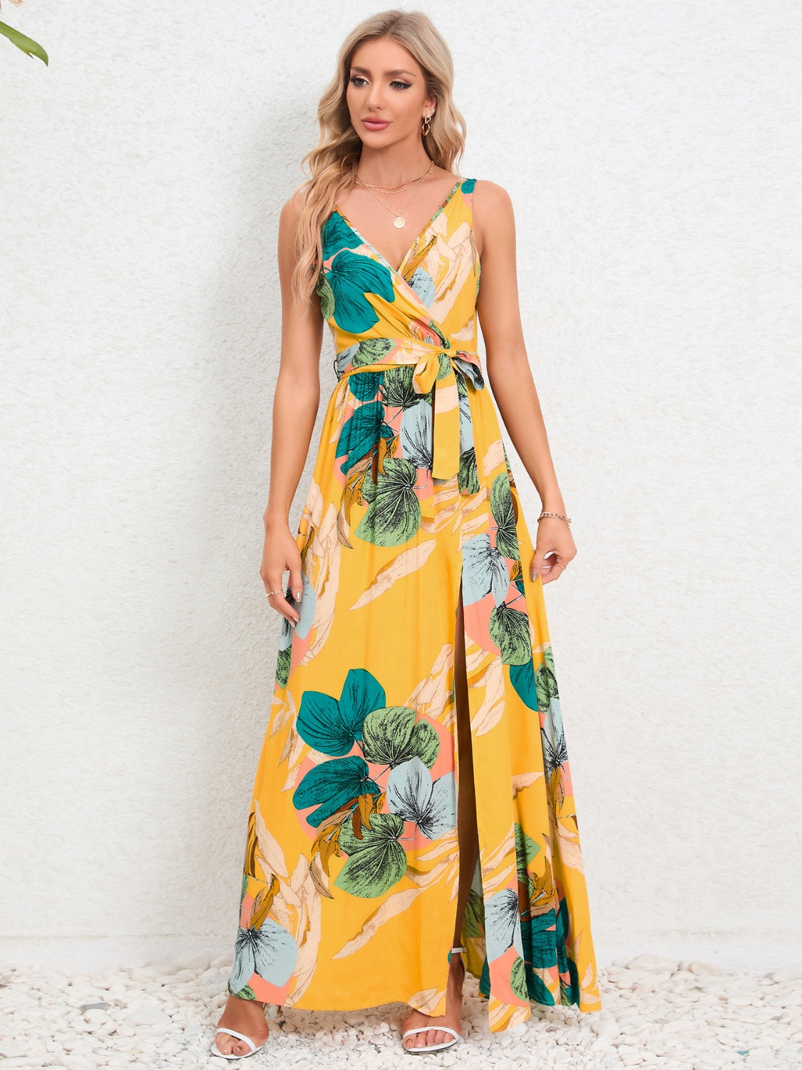 Slit Tied Printed Surplice Dress