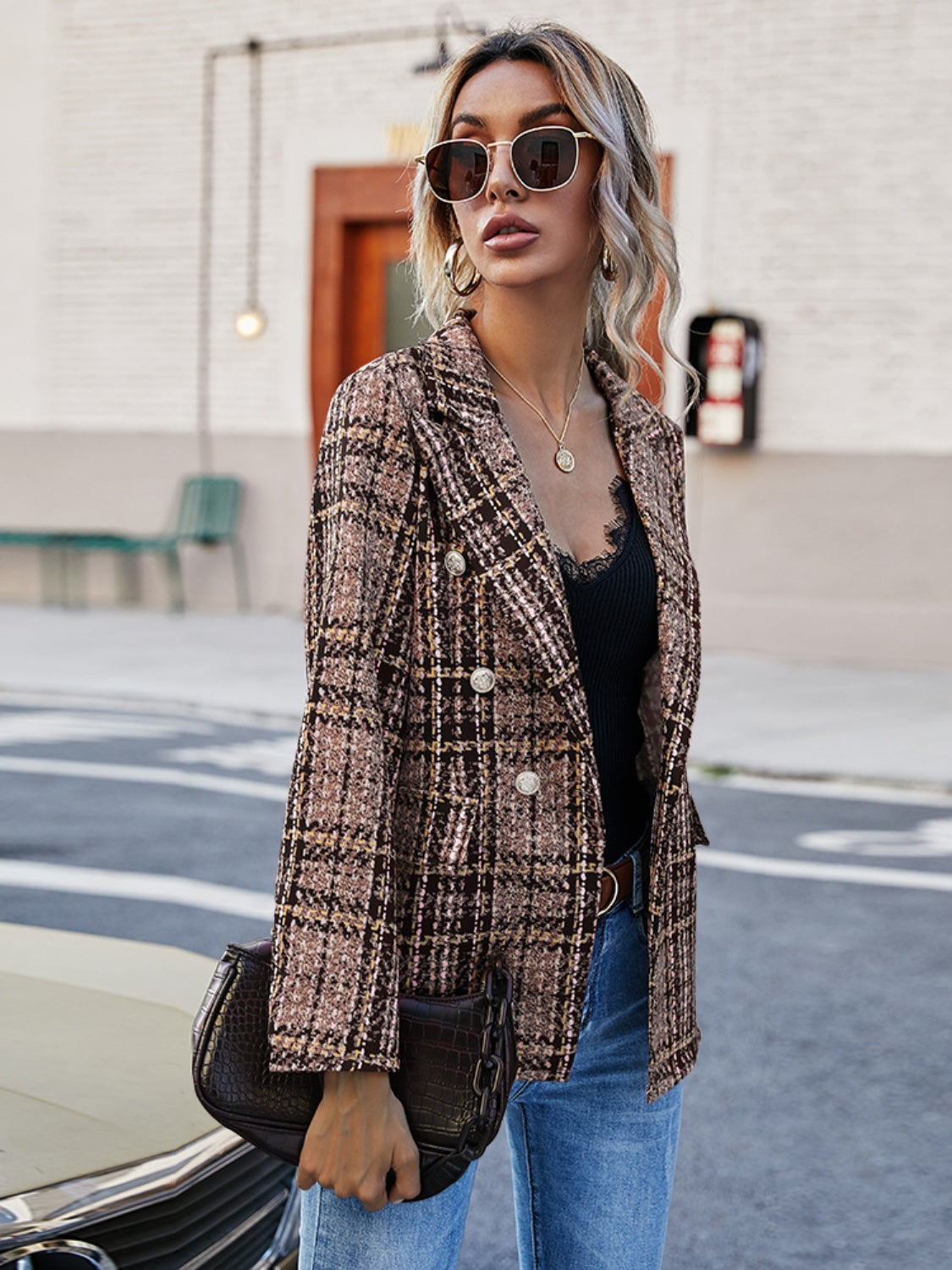 Blazer con cuello de solapa a cuadros de tamaño completo