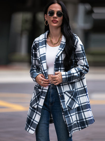 Plaid Shawl Collar Coat with Pockets