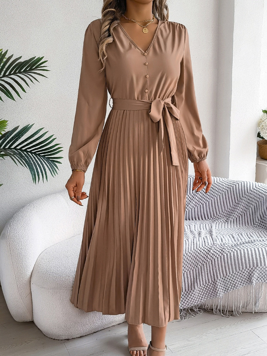 Pleated Tied V-Neck Long Sleeve Dress