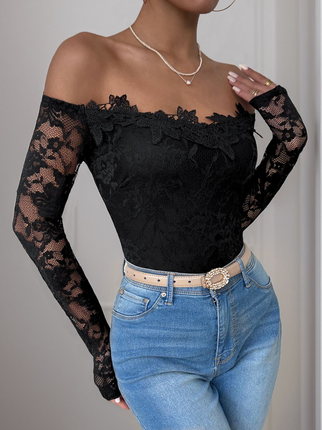 Perfee Lace Off-Shoulder Long Sleeve Bodysuit