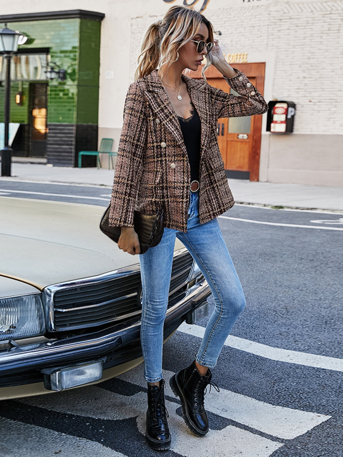 Blazer con cuello de solapa a cuadros de tamaño completo