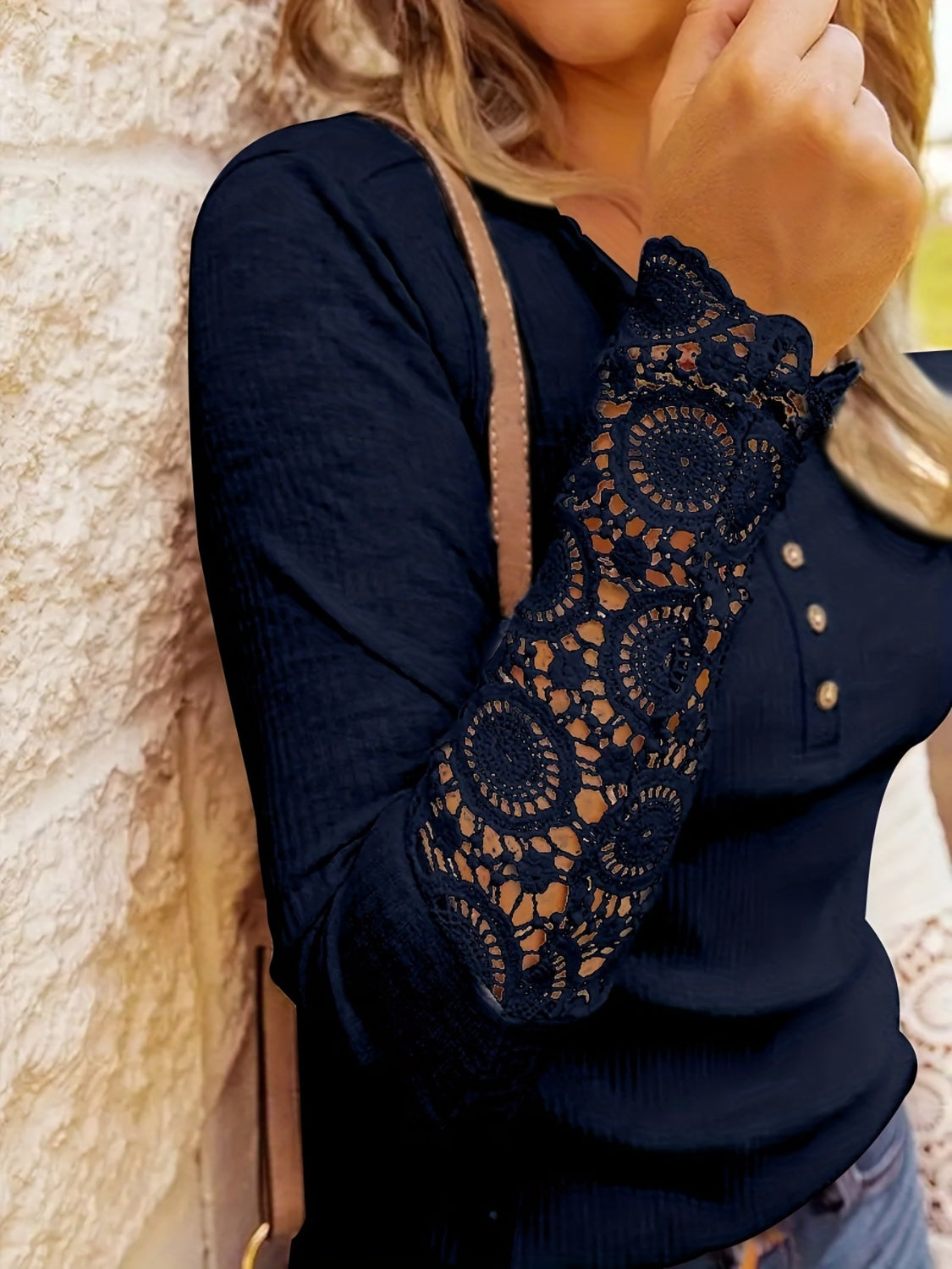 Half Button Lace Long Sleeve T-Shirt