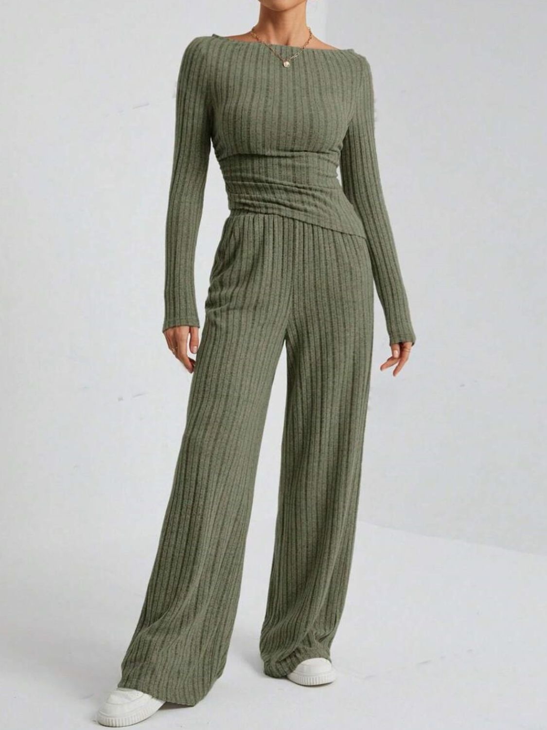 Ribbed Off-Shoulder Top and Pants Set