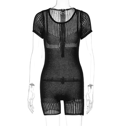 Knitted Hollow Out O-Neck Short Sleeve Skinny Romper